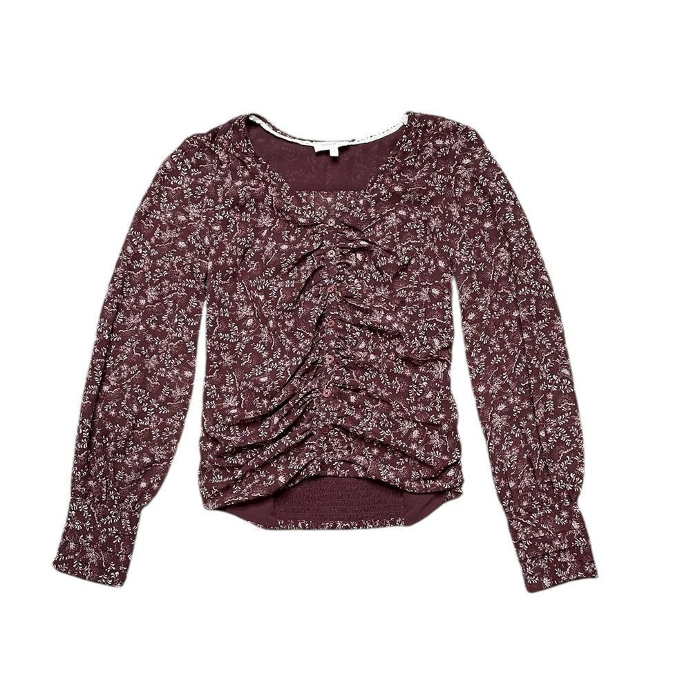 BOHME Floral Ruched Front Blouse Maroon Cream Size Small